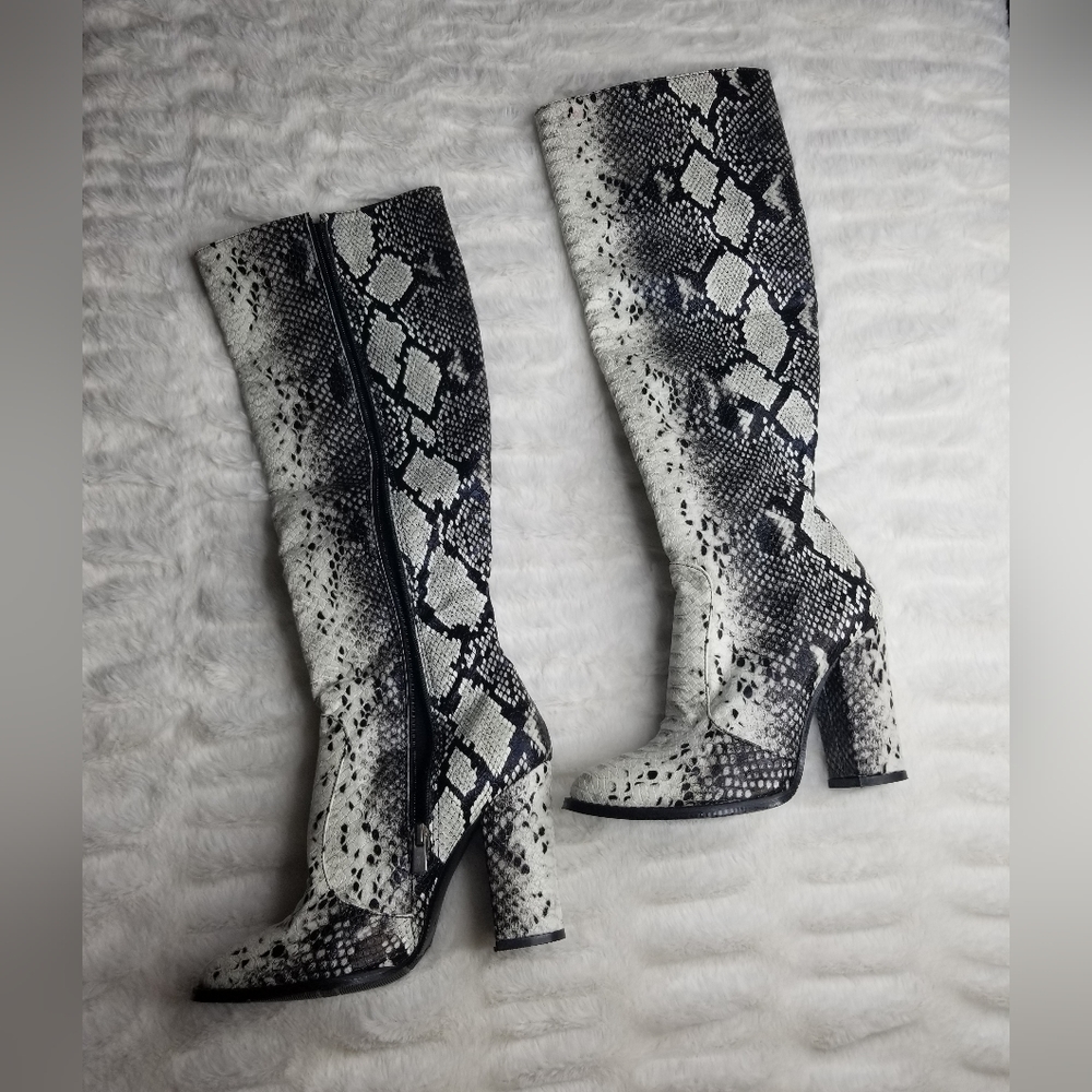Snakeskin Print Knee High Heeled Booties